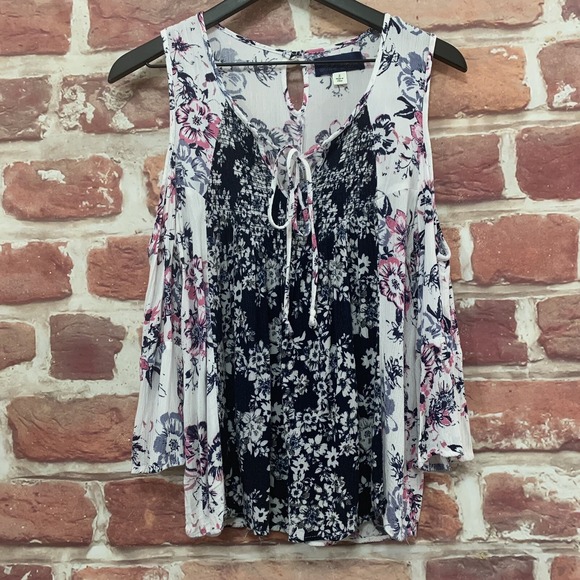 Francesca's Blue Rain Top Women's S Multicolor Floral Cold Shoulder Casual Shirt - Picture 1 of 7